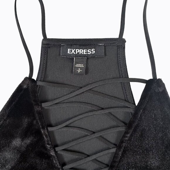 Express Black Velvet Cami Top SzSP Deep V-Neck Criss-Cross Detail Y2K Whimsigoth - Picture 5 of 8